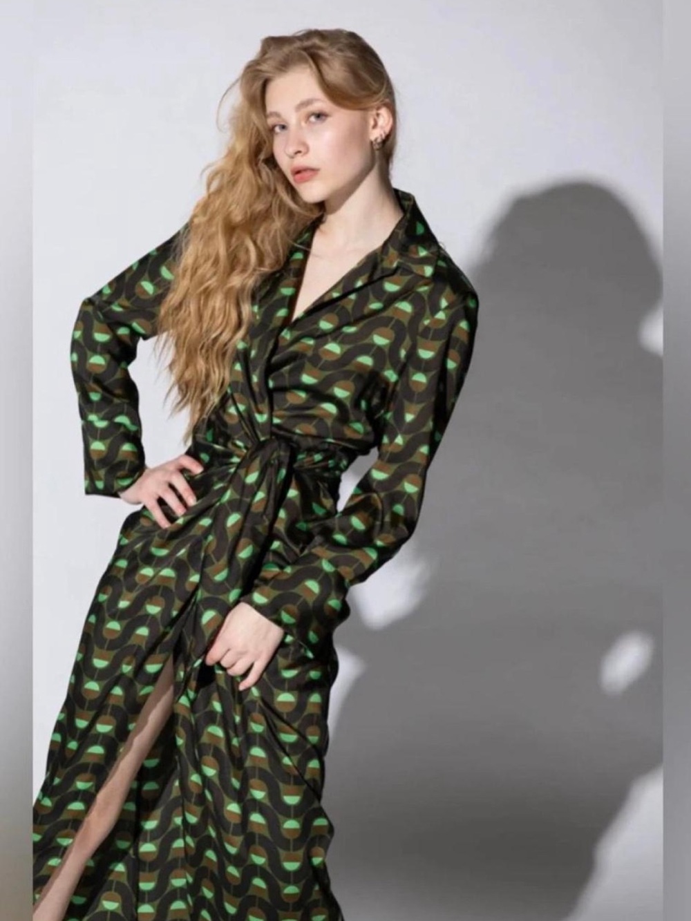 Zara Retro Style Green and Brown Geometric Wrap Midi Dress size Small